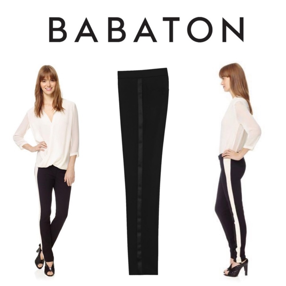 Aritzia Babaton Everett Tuxedo Pant Satin Side Stripe Tapered Straight Leg Black